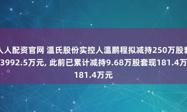 人人配资官网 温氏股份实控人温鹏程拟减持250万股套现3992.5万元, 此前已累计减持9.68万股套现181.4万元
